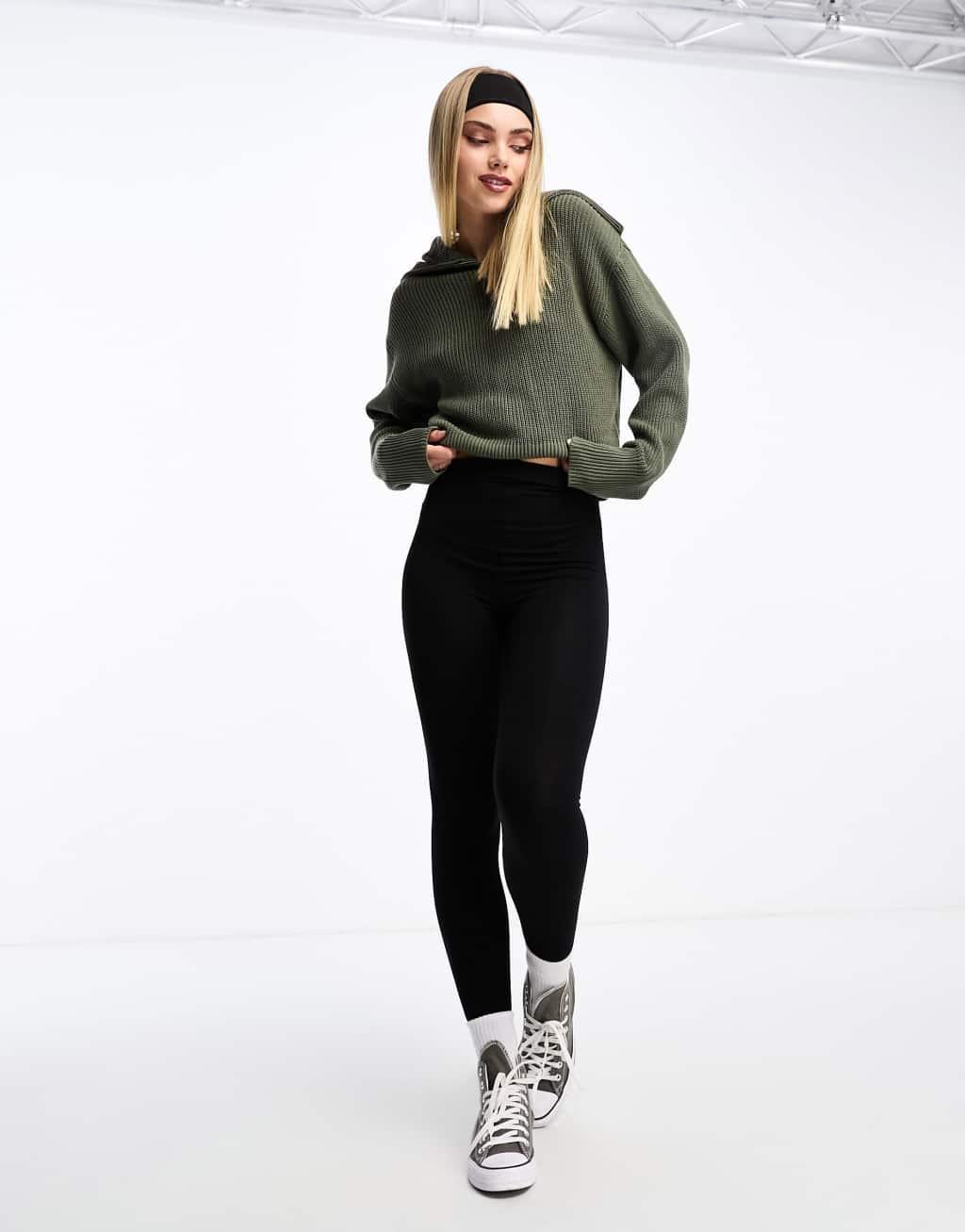 Monki high zip neck knitted sweater in khaki Product Image