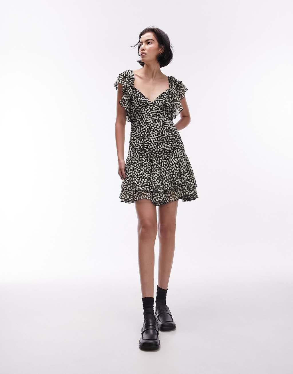 Topshop flutter sleeve tea dress in mono spot print Product Image