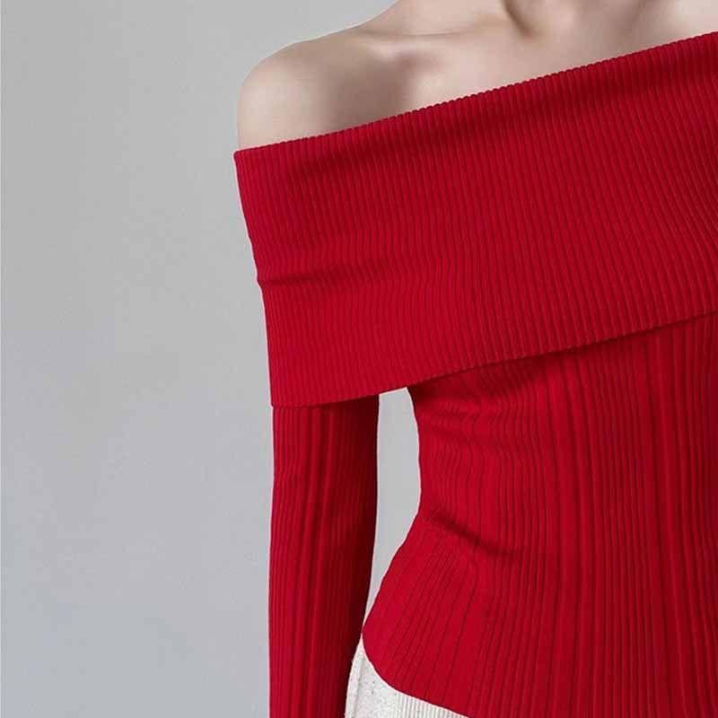 Long-Sleeve Off-Shoulder Plain Ribbed Slim Fit Crop Knit Top Product Image