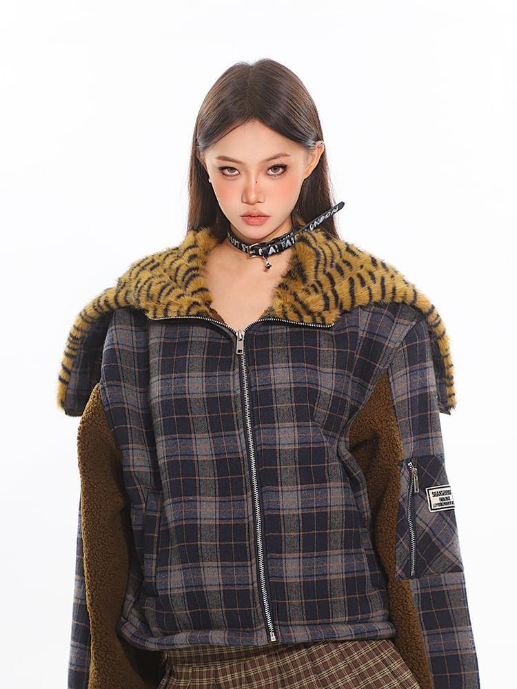 Collared Plaid Panel Fleece Zip Puffer Jacket Product Image