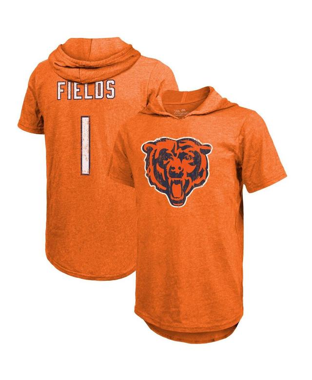 Mens Justin Fields Orange Chicago Bears Player Name Number Tri-Blend Short Sleeve Hoodie T-shirt Product Image