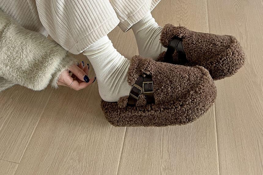 Platform Buckled Fleece Mules Product Image