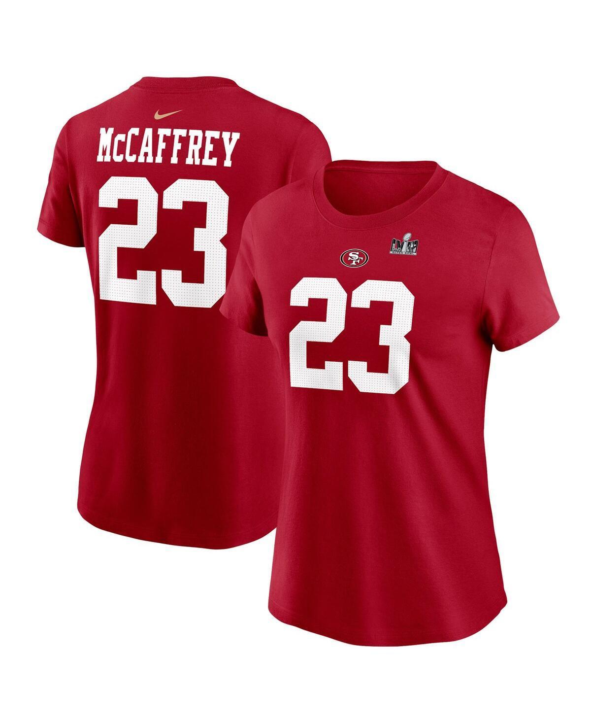 Womens Nike Christian McCaffrey Scarlet San Francisco 49ers Super Bowl Lviii Patch Player Name and Number T-shirt Product Image