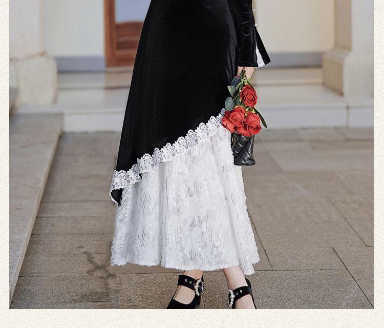 Long-Sleeve Stand Collar Asymmetrical Lace Panel Velvet Maxi A-Line Dress Product Image