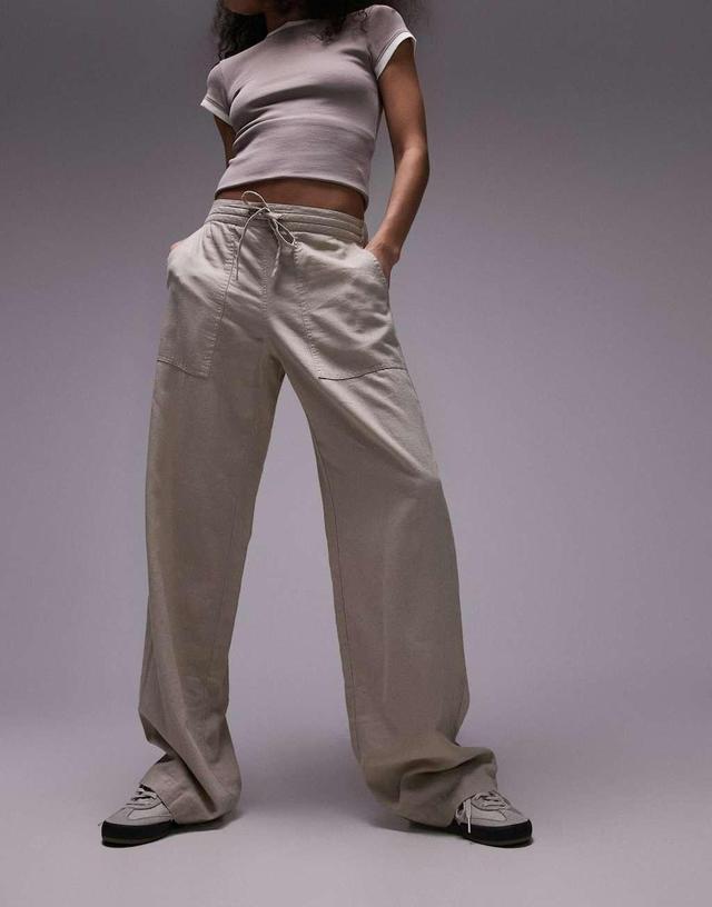 Topshop linen low rise draw cord waist straight leg pants in beige Product Image