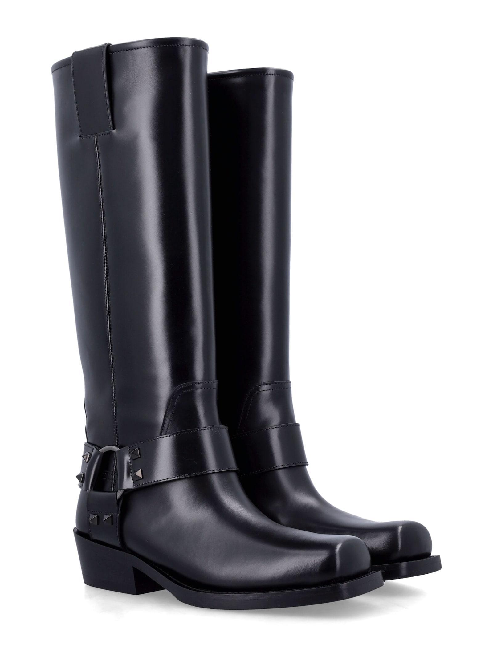 VALENTINO GARAVANI Rockstud Biker Knee-high Leather Boots In Black Product Image