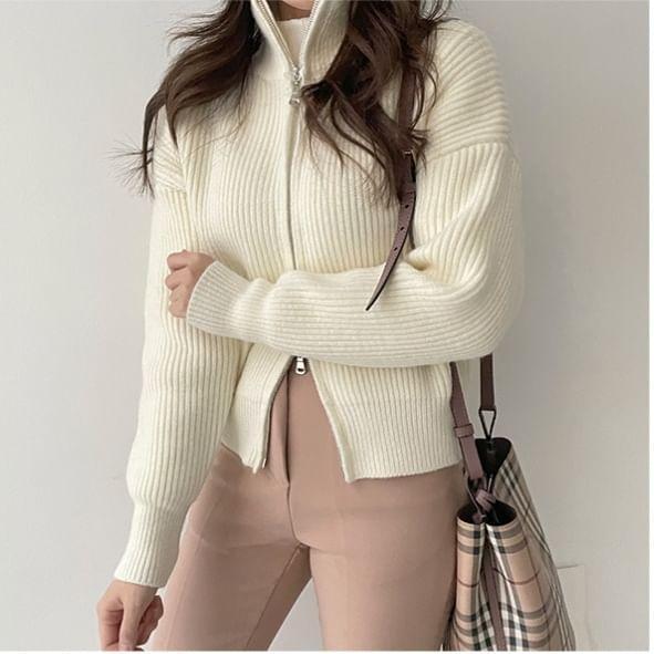 Stand Collar Plain Ribbed Zip Cardigan Product Image