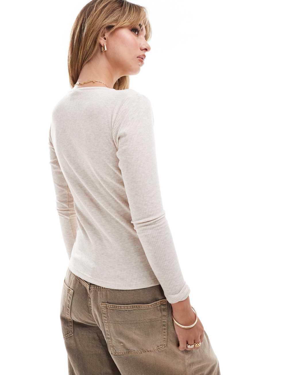 JDY asymmetric ribbed button detail top in beige Product Image