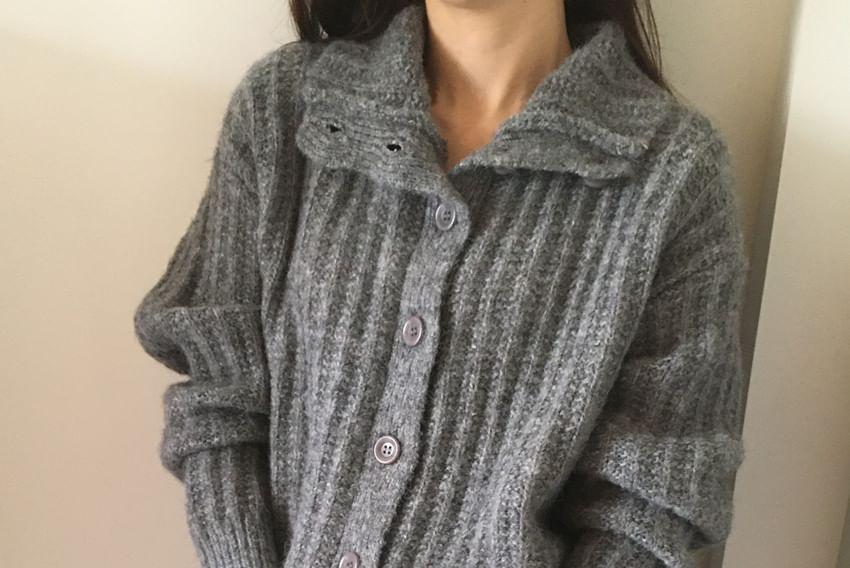 Stand Collar Plain Ribbed Cardigan Product Image