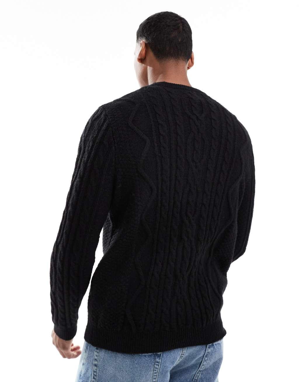 ASOS DESIGN heavyweight cable knit crew neck sweater in black Product Image