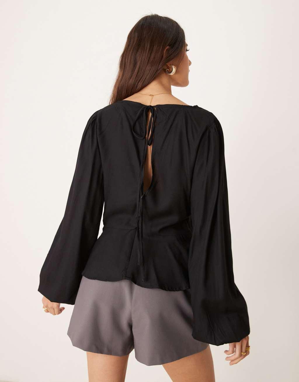 ASOS DESIGN volume puff sleeve smock top with in black Product Image