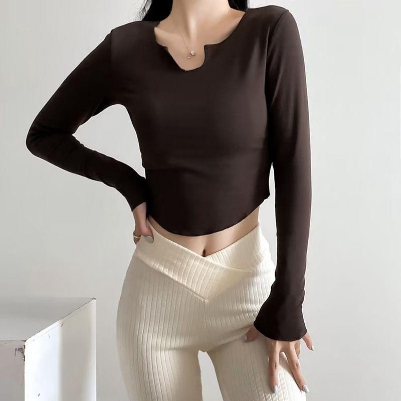 Long-Sleeve V-Neck Plain Crop T-Shirt Product Image