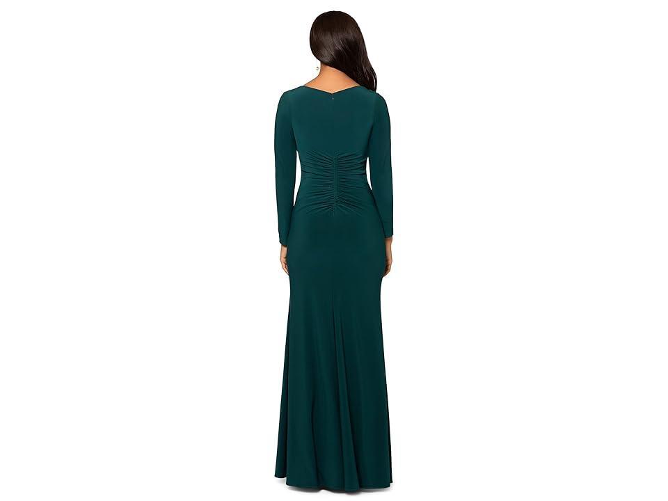 XSCAPE Long Ruched Dress with Cutouts (Dark Pine) Women's Evening Product Image