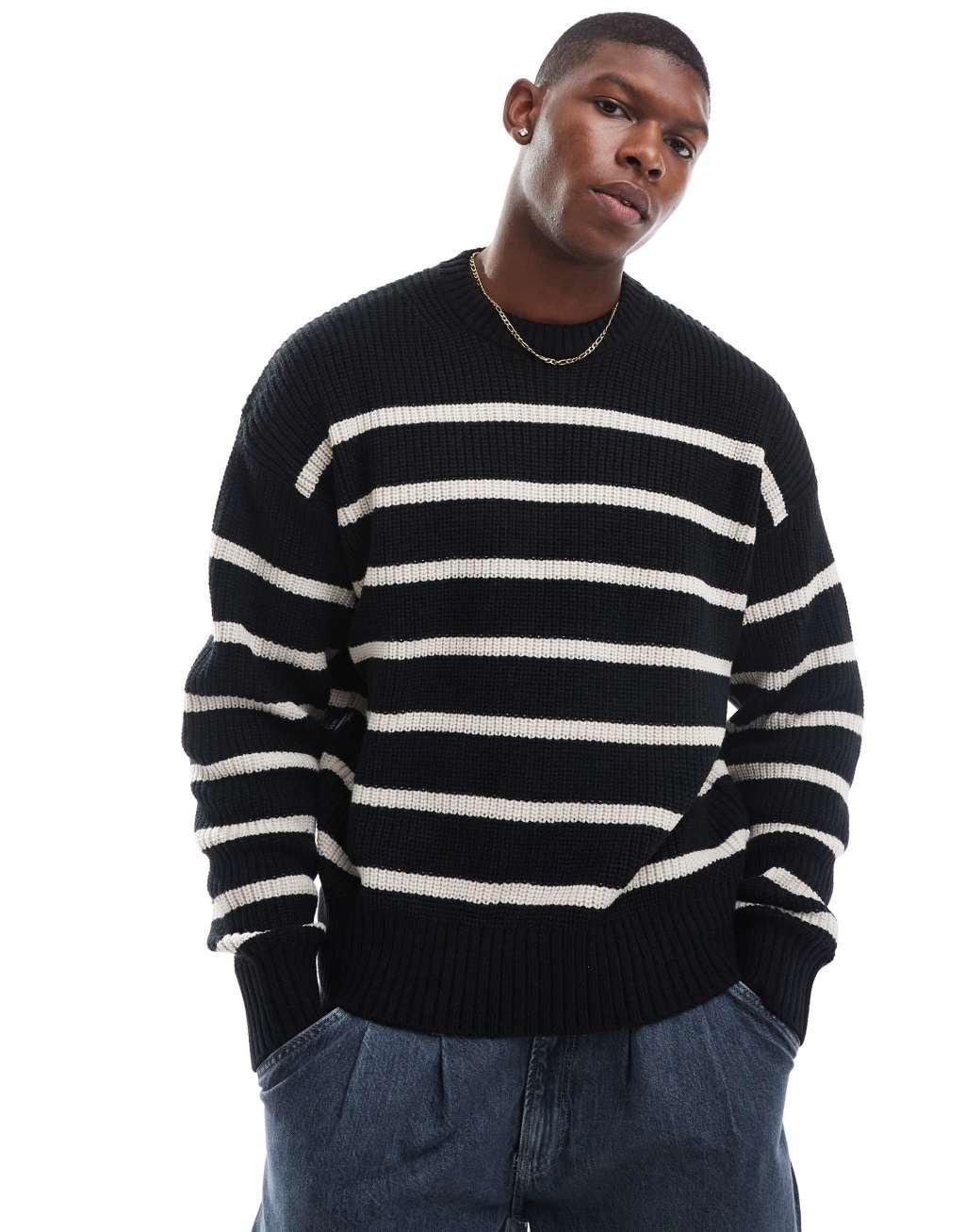 Bershka striped knitted sweater in black Product Image