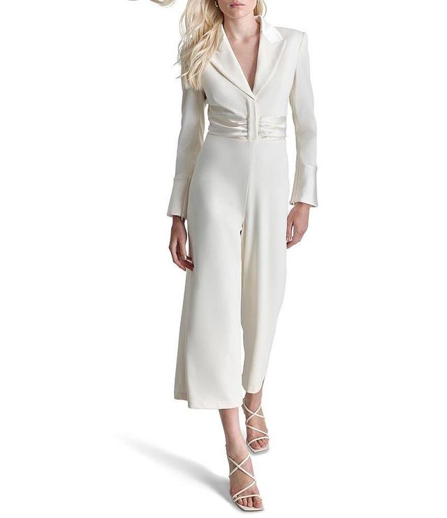 DKNY by Donna Karan Notch Collar Long Sleeve Satin Trim Wide Leg Jumpsuit Product Image