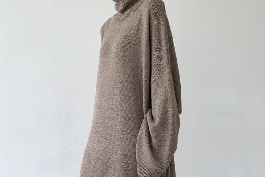 Long-Sleeve Turtleneck Plain Knit Dress Product Image