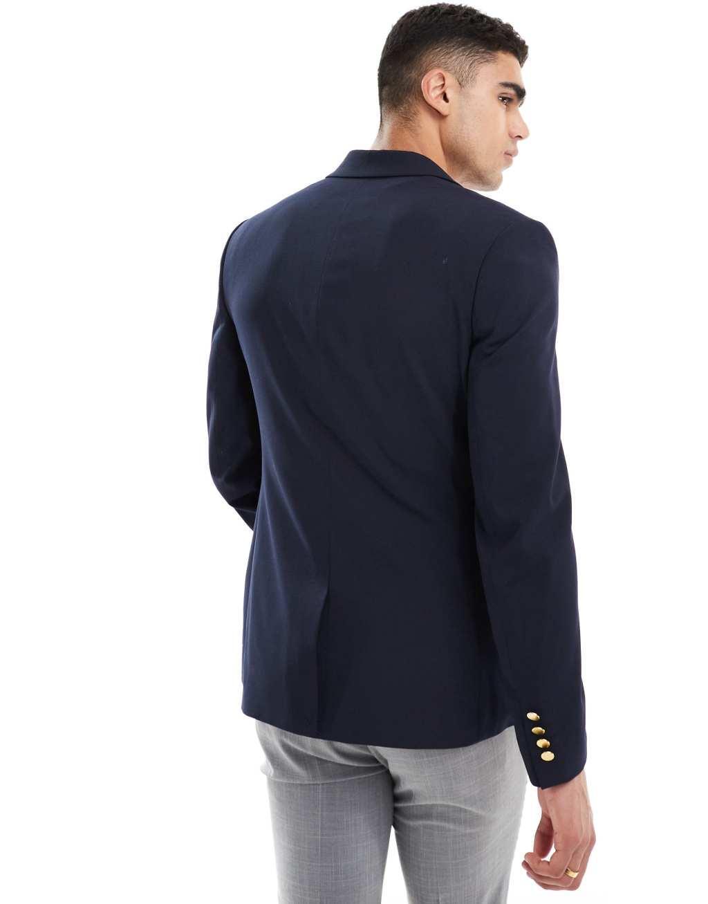 ASOS DESIGN skinny gold button blazer in navy Product Image