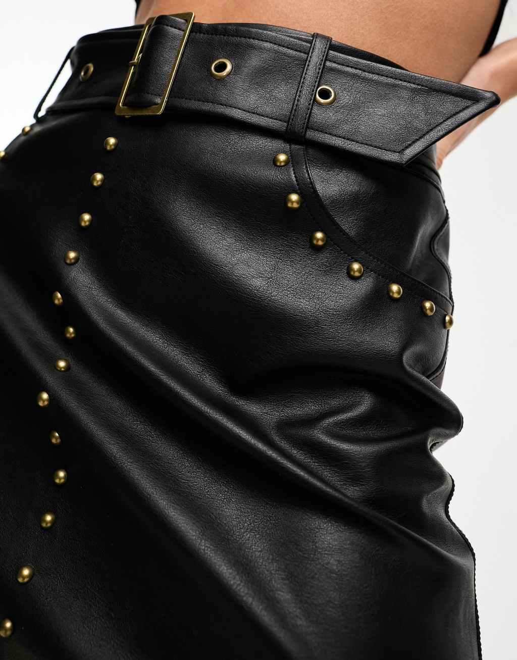 Miss Selfridge faux leather studded detail mini skirt in black Product Image