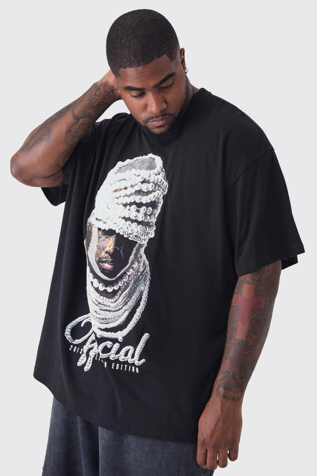 Plus Official Pearl Print Oversized T-shirt in Black | boohooMAN USA Product Image