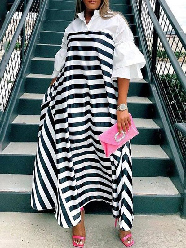 Loose Three-Quarter Sleeves Split-Joint Striped Stand Collar Maxi Dresses product image