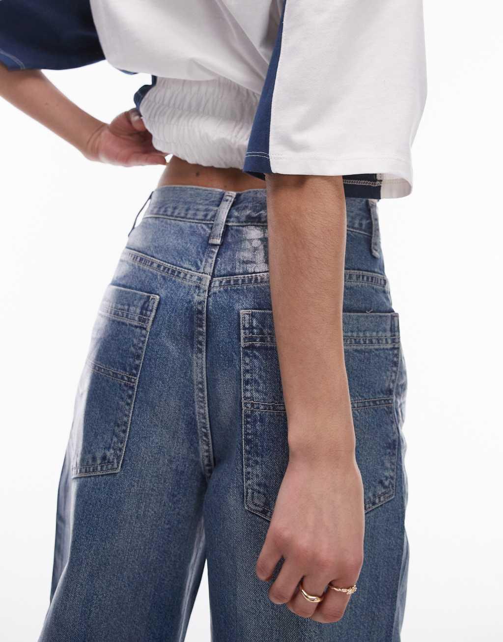 Topshop high rise baggy jeans in coated blue Product Image