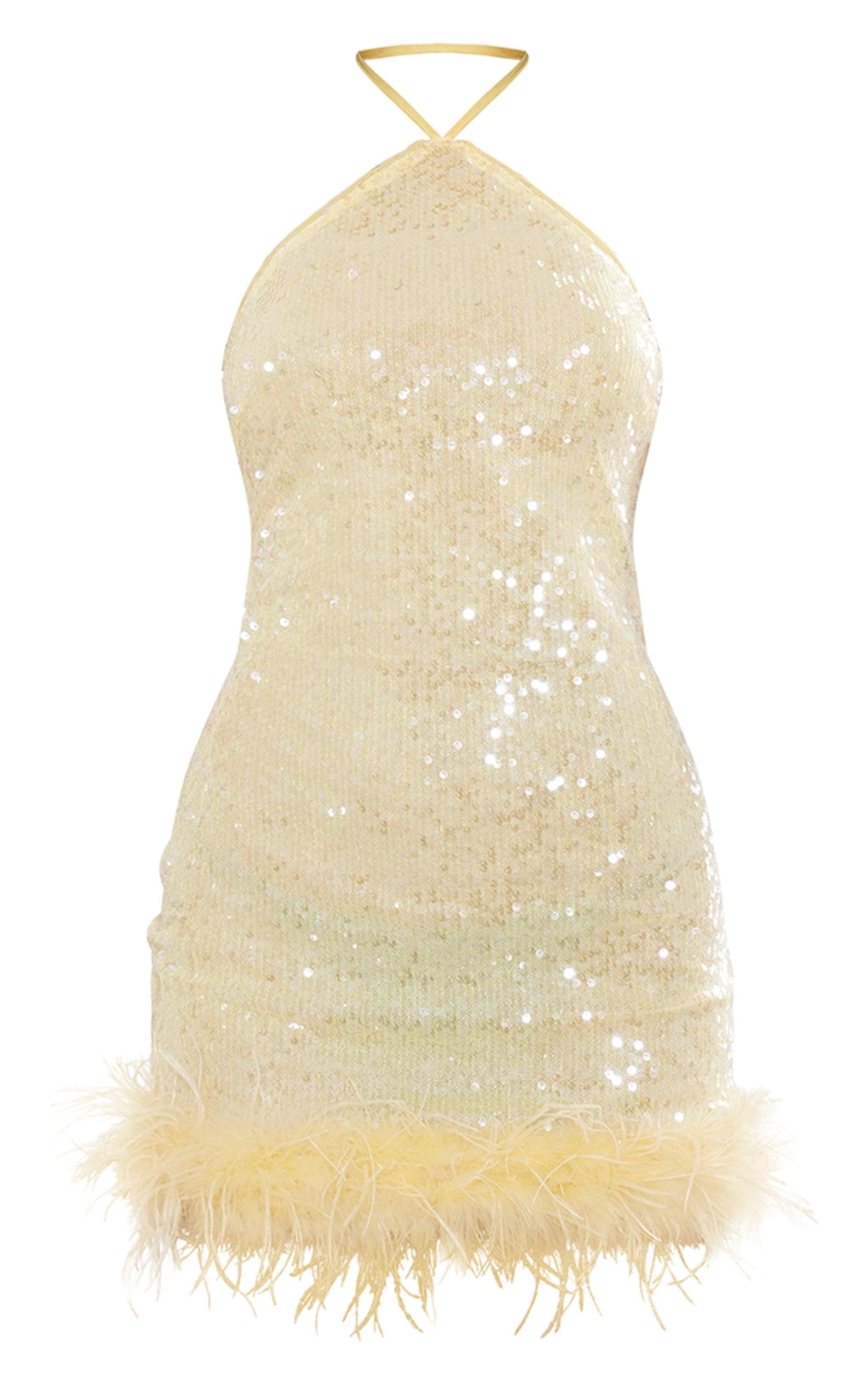 Yellow Sequin Halter Neck Faux Feather Hem Mini Dress Product Image