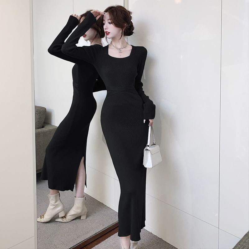 Long Sleeve Square Neck Plain Criss Cross Ribbed Knit Midi Sheath Dress Product Image