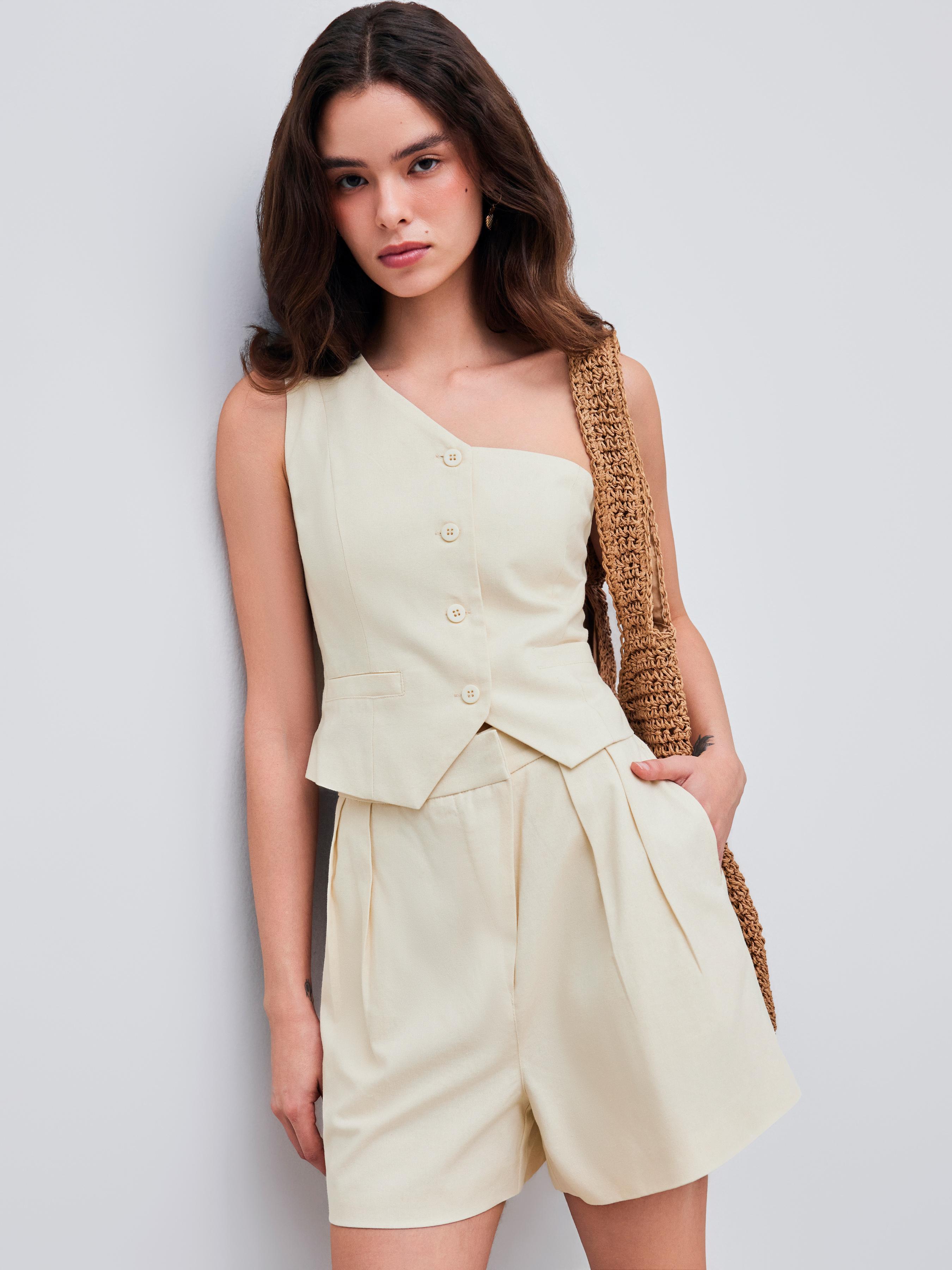 Linen-blend Asymmetrical Neck Solid Vest Product Image