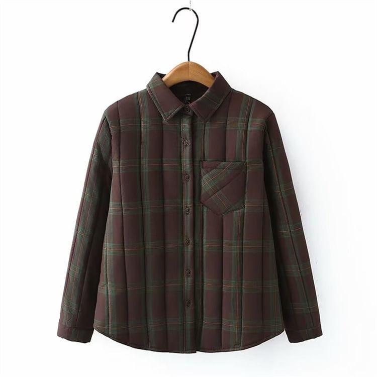 Plus Size Collar Plaid Pocket Detail Quilted Button Jacket Product Image