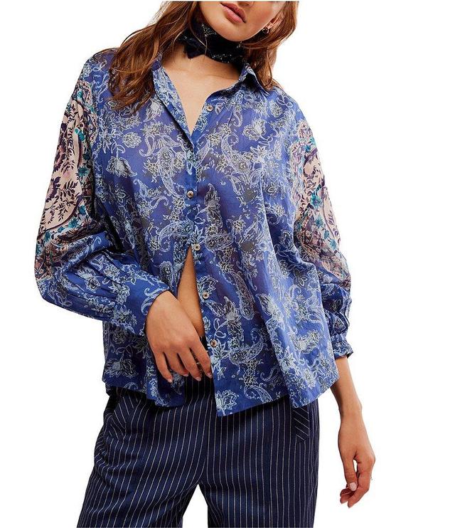 Free People Rose Bud Paisley Print Point Collar Neck Long Sleeve Button Front Blouse Product Image