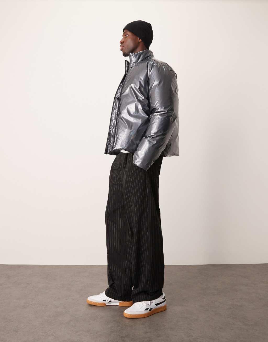 ASOS DESIGN metallic puffer jacket in gray Product Image