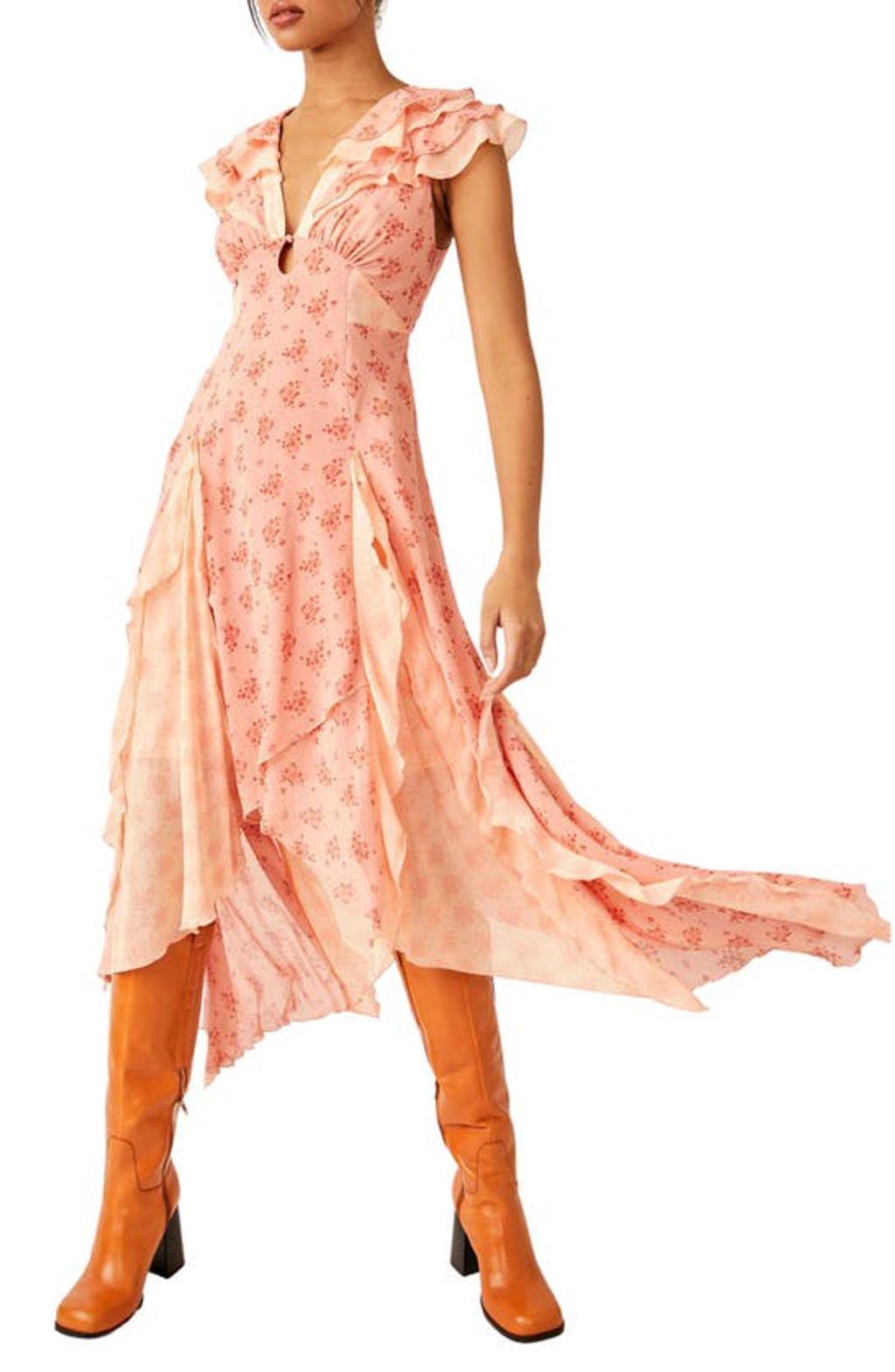 Joaquin Floral Ruffle Plunge Dress In Pink Product Image