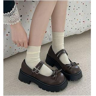 Platform Double Strap Plain Bow Accent Faux Leather Mary Jane Shoes Product Image