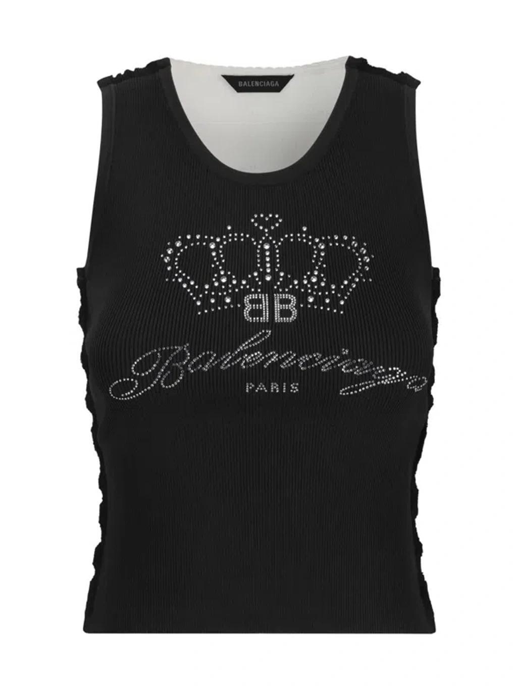 BALENCIAGA Logo  Rhinestone Embellished Tank Top In Black,white Product Image