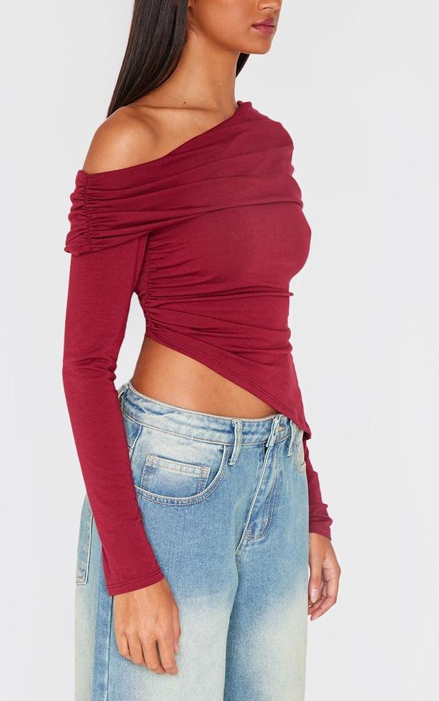 Burgundy Contour Jersey Fold Over Detail Bardot Long Sleeve Top Product Image