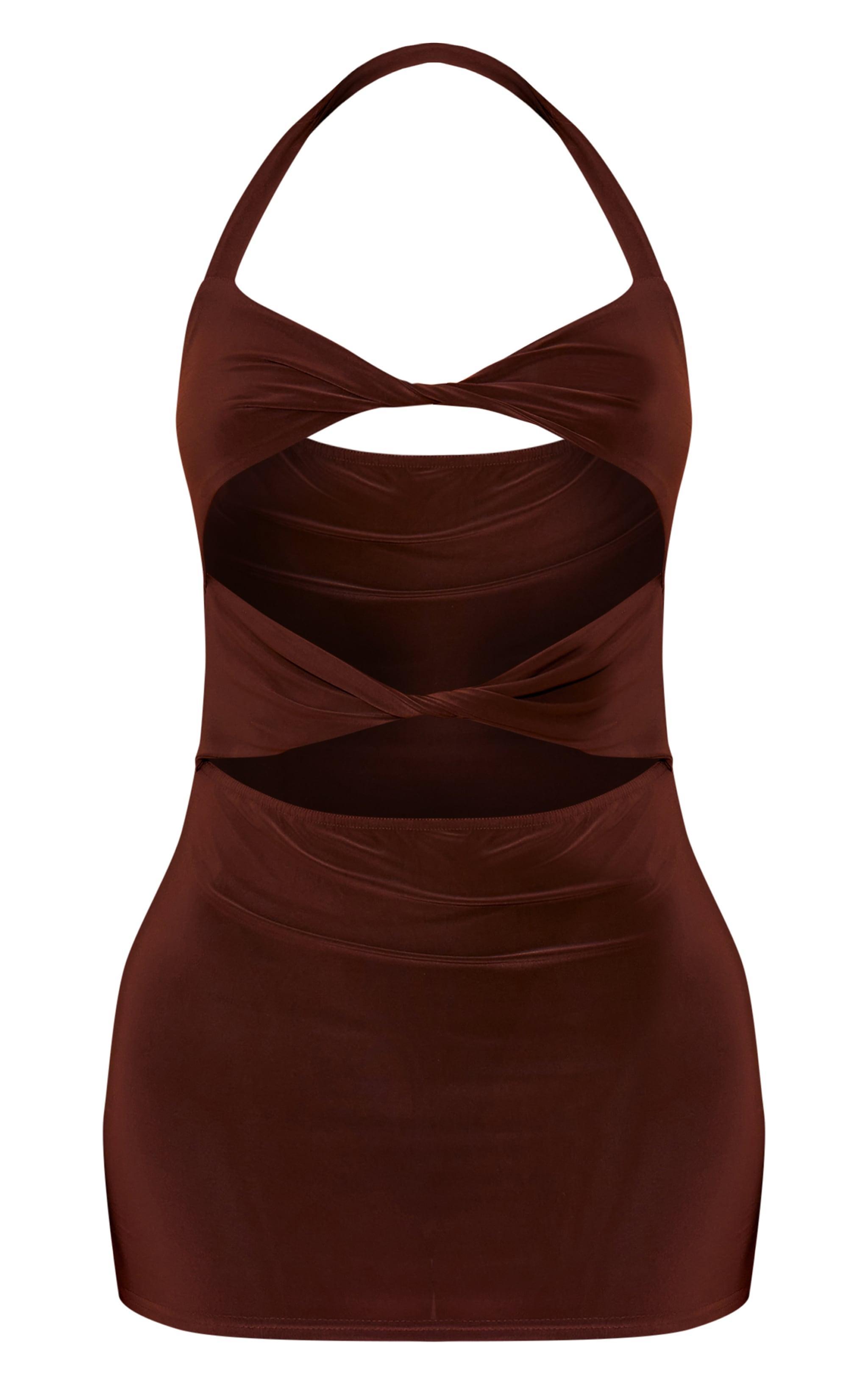 Petite Chocolate Slinky Cut Out Halterneck Mini Dress Product Image