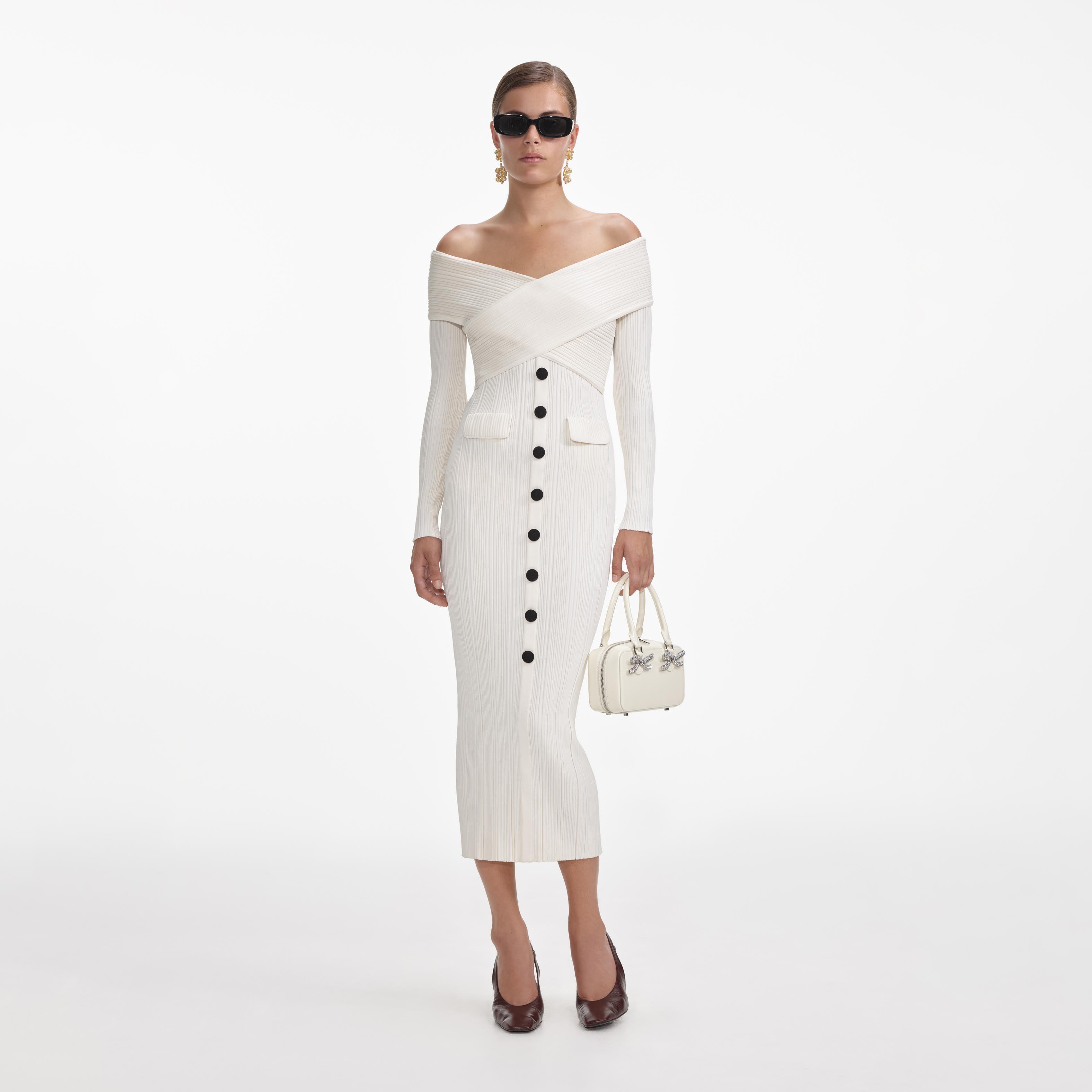 Cream Off Shoulder Knit Midi Dress Product Image