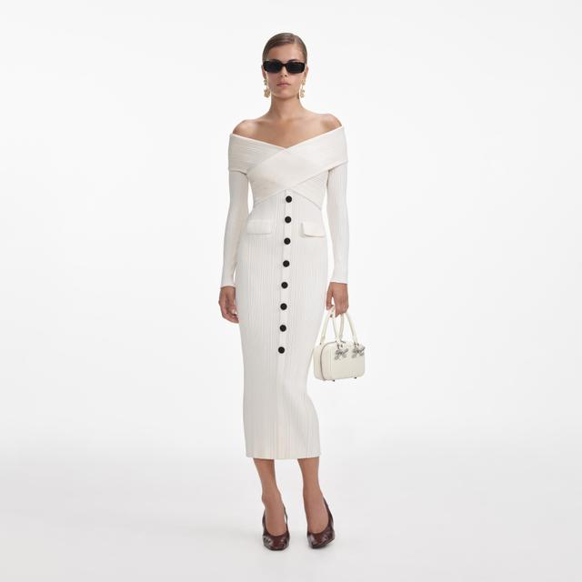 Cream Off Shoulder Knit Midi Dress Product Image