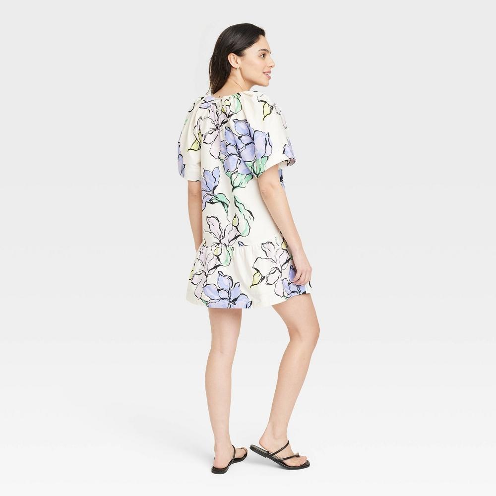 Womens Flutter Short Sleeve Mini Poplin Dress - A New Day White/Purple Floral XS Product Image