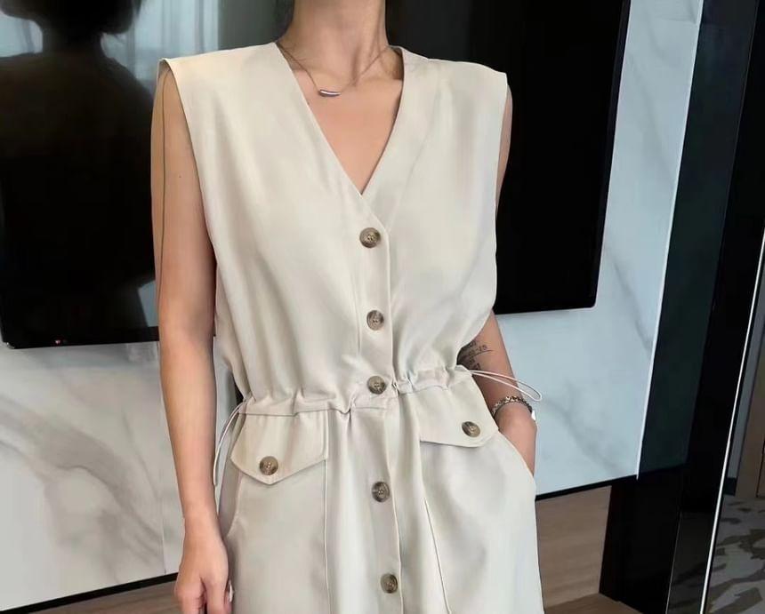 Sleeveless V-Neck Plain Button Midi A-Line Dress Product Image