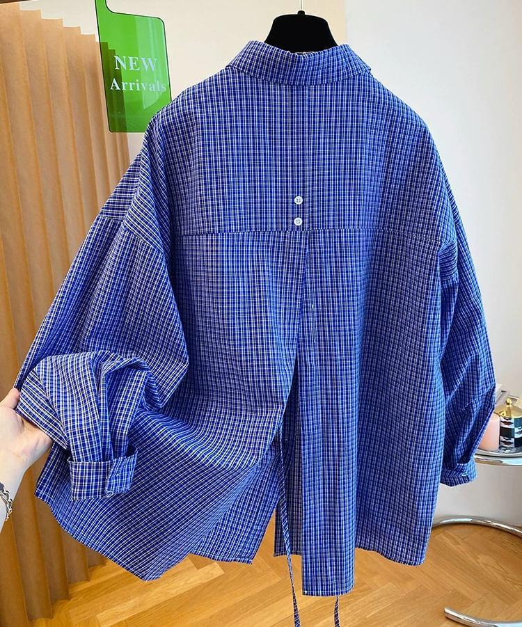 Long-Sleeve Plaid Slit Back Shirt Product Image