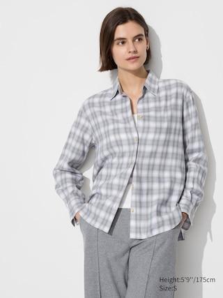 Womens Soft Flannel Skipper Shirt Checked Light Gray Small UNIQLO US Product Image