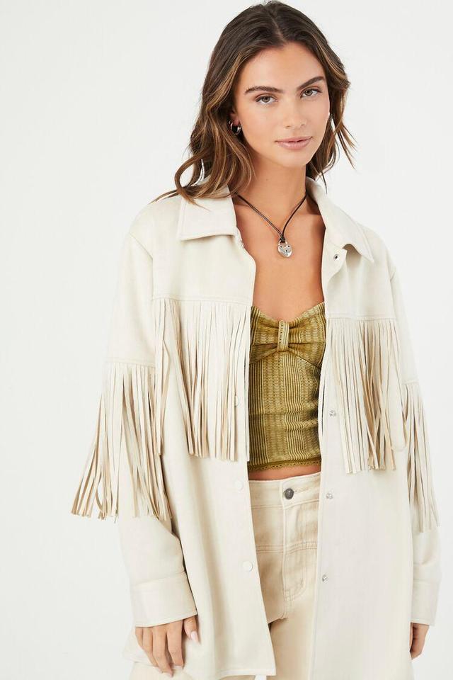 Faux Suede Fringe-Trim Shacket | Forever 21 Product Image