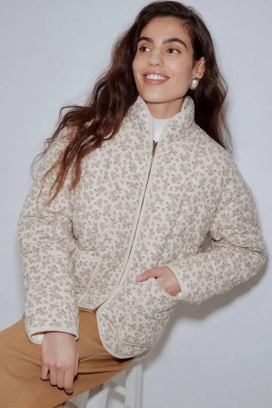 Bundled Perfection Light Beige Floral Quilted Puffer Jacket Product Image