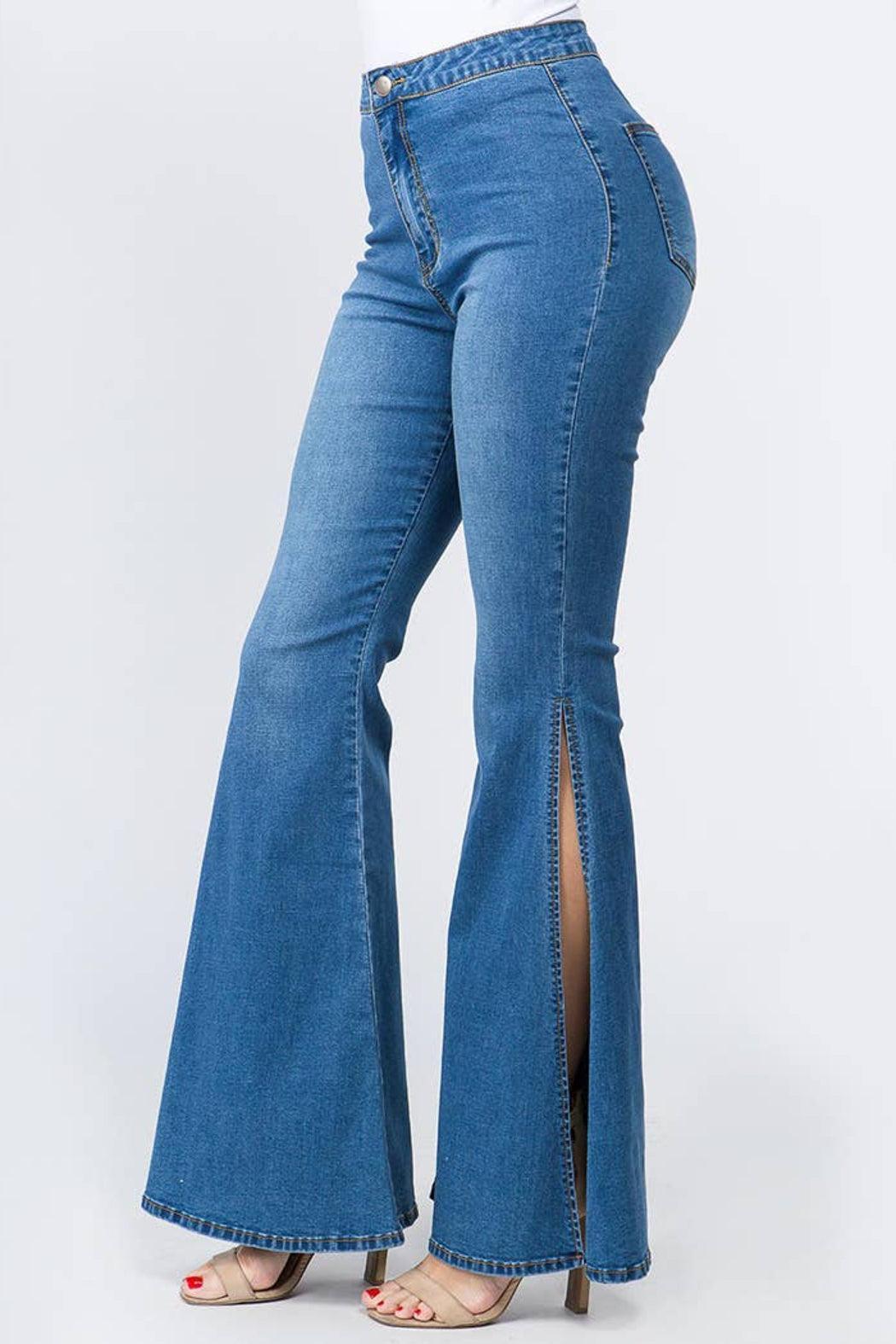 Plus Size High Waist Bell Bottom Slit Denim Jeans Product Image