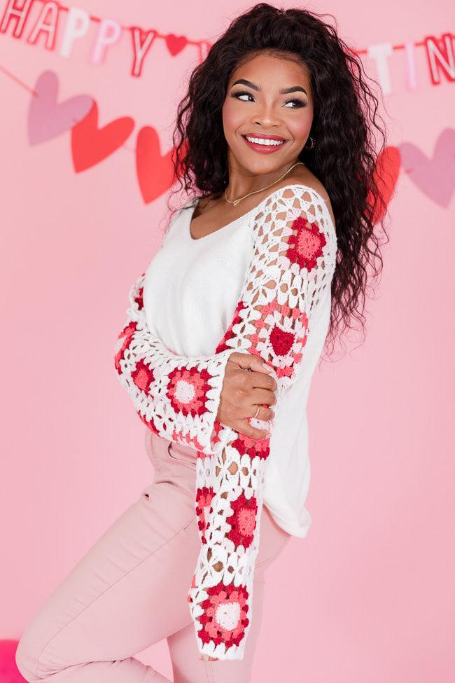 Hello Lover Pink And Ivory Crochet Heart Sleeve Sweater FINAL SALE Product Image