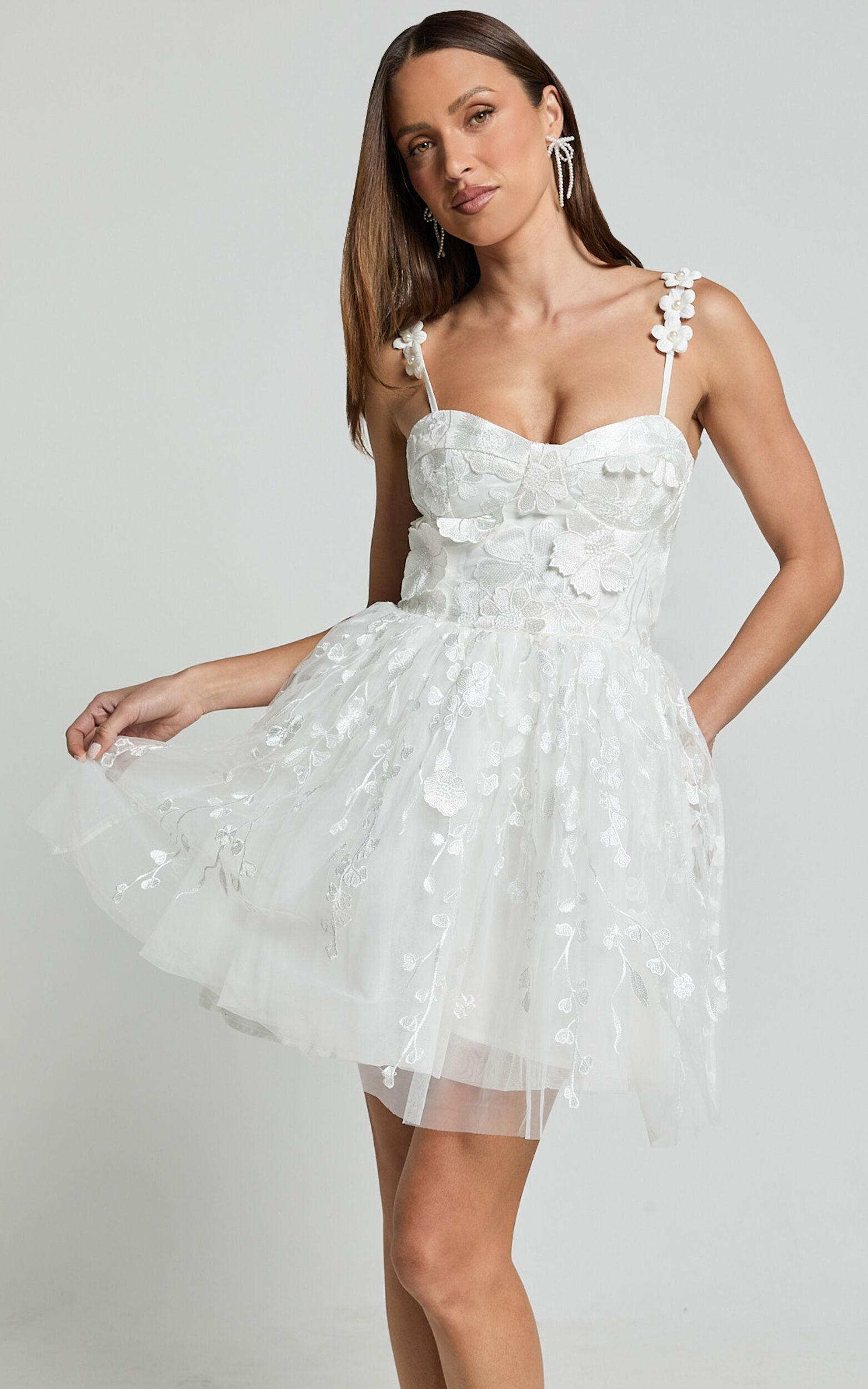 Everheart Mini Dress - Sweetheart Bustier Lace Dress in White Product Image