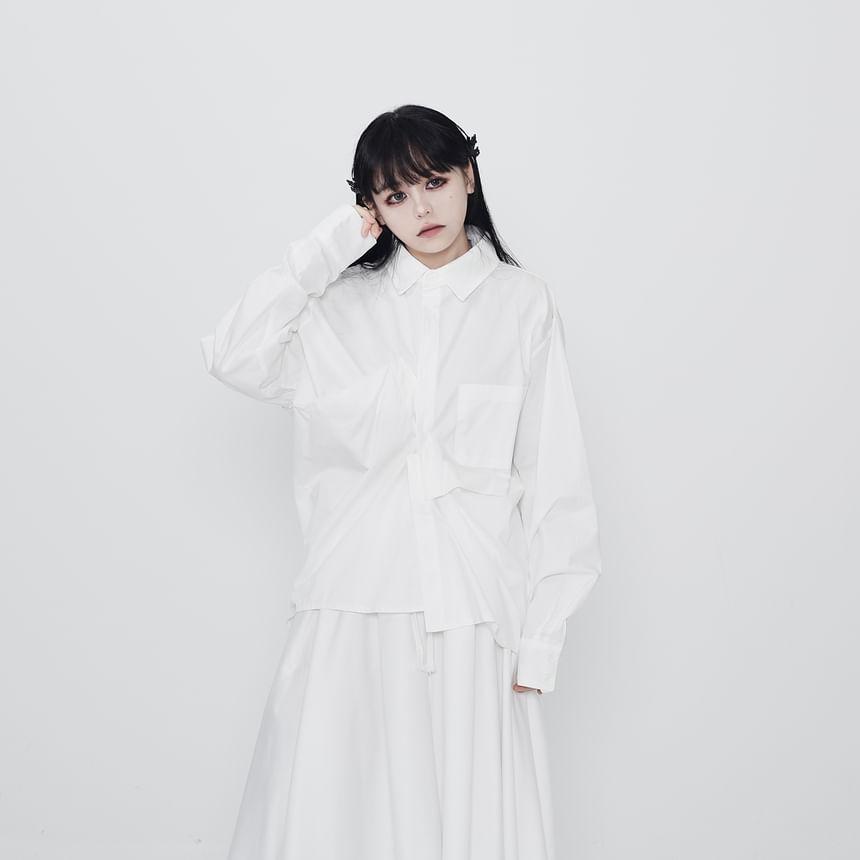 Long-Sleeve Plain Asymmetrical Oversized Shirt Product Image