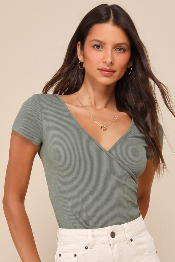 All Day Fave Sage Green Ribbed Surplice Short Sleeve Bodysuit Product Image