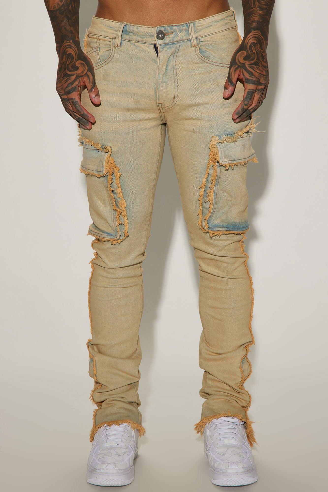 Raw Edge Stacked Skinny Cargo Jeans - Light Blue Wash Product Image